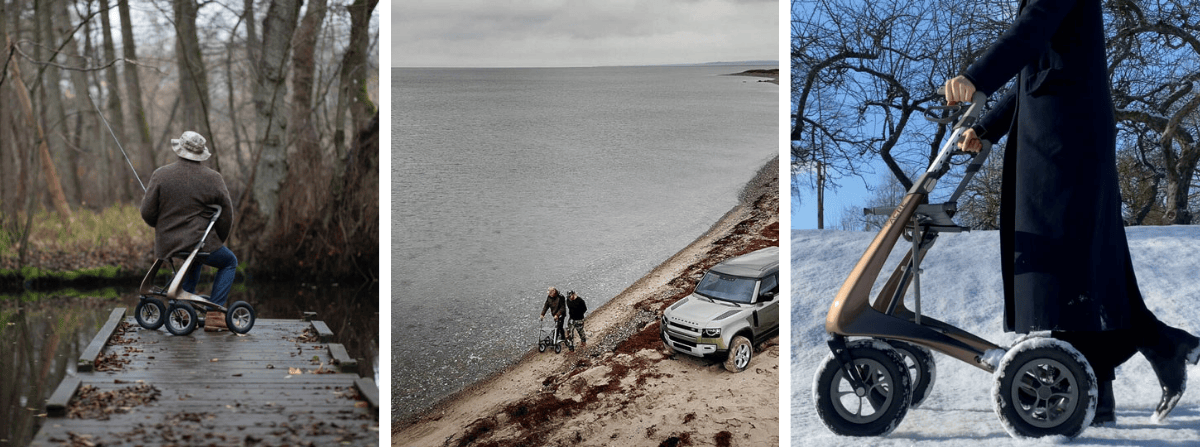 オフロードの手押し車。雪道、砂浜、アウトドアで使用できる様子。